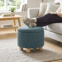 HOMCOM Storage Sitting Bench with Lid, Round Storage Ottoman with Rubberwood Legs, Dark Blue(m-2)