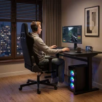 HOMCOM Ergonomischer Massage-Gaming-Stuhl mit beheizbarem Lendenkissen, neigbarer Gaming-Sessel mit Leinenbezug, 4D-Armlehnen, Schwarz(m-4)