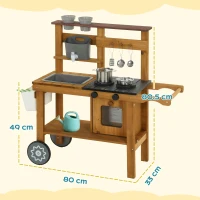 AIYAPLAY Wooden Mud Kitchen with Wheels, Stove, Faucet, Flower Pots, Stainless Steel Accessories for Toddlers 3-6, Brown(m-3)