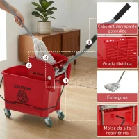 HOMCOM Balde de Limpeza com Escorredor Painel Separador e Rodas Capacidade de 20L para Limpezas Domésticas 45x26,5x70 cm Vermelho(m-9)