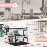 HOMCOM Suport pentru Vase Modulabil de Chiuvetă cu 2 Niveluri, Picioare Antialunecare, din Oțel, 65x31,5x52,5 cm, Negru(m-4)