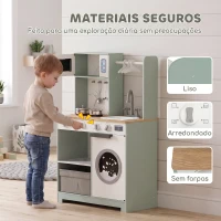 AIYAPLAY Cozinha de Brincar em Madeira com Lavandaria, Dispensador de Gelo, Gaveta em Tecido, Cabides e Acessórios em Aço Inoxidável, Verde(m-6)