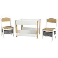 HOMCOM Set masă copii 3 în 1 cu 2 scaune, tablă detașabilă, bibliotecă și cutii textile, natur, 3-8 ani(m-12)