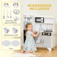 AIYAPLAY Cozinha de Madeira com Som Acessórios em Aço Inoxidável Micro-Ondas, Máquina de Gelo Cafeteira, Máquina de Lavar Loiça 79,5x24x83,8 cm Branco(m-6)