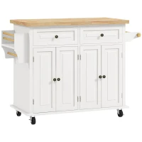 HOMCOM Rolling Kitchen Island Storage Trolley with Rubber Wood Top & Drawers for Dining Room, Cream White(m-1)