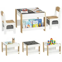 HOMCOM Set masă copii 3 în 1 cu 2 scaune, tablă detașabilă, bibliotecă și cutii textile, natur, 3-8 ani(m-11)