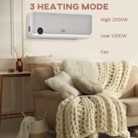 HOMCOM Wall Downflow Heater 2 Heat and Fan 1000W/2000W, Electric Space Heater with Timer Remote Oscillating, for Bedroom Home Office, White and Silver(m-7)