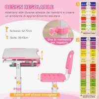 HOMCOM Banco Scuola per Bambini 6-12 Anni con Sedia e Altezza Regolabile, Piano Inclinabile, 66x47x52-77 cm, Rosa(m-5)