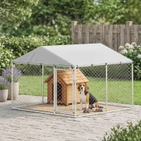 PawHut Recinto per Cani da Esterno in Acciaio Zincata con Tetto in PE, Anti-UV, Impermeabile, Doppia Chiusura, Argento(m-2)