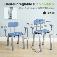 HOMCOM Tabouret de douche chaise de douche ergonomique avec accoudoirs, dossier, hauteur et siège réglables, bleu(m-3)