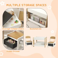 HOMCOM Three-Piece Kids Table and Chair Set with Blackboard, Storage, Bookshelves - Natural Wood(m-6)
