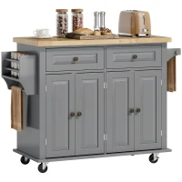 HOMCOM Ilha de Cozinha com Rodas 2 Gavetas 4 Portas Suporte para Temperos e Barra Lateral 111x44,5x82,5 cm Cinzento e Madeira(m-11)