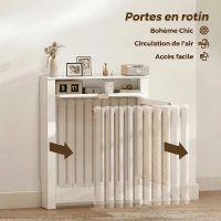 HOMCOM Cache-Radiateur avec Placard Rabattable et Porte en Rotin, Couvercle de Radiateur en Bois avec Compartiment, Blanc(m-5)