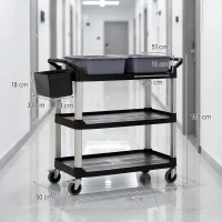 HOMCOM Carucior Profesional pentru Curățenie cu 3 Rafturi, 2 Recipiente Detașabile, Găleată Laterală și 4 Roți, Negru(m-3)