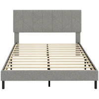 HOMCOM Cadre de Lit 140 x 190 cm avec Sommier et Tête Réglable, Lit Double Rembourré en Lin, Rangement au-dessous, Gris(m-1)