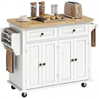 HOMCOM Ilha de Cozinha com Rodas 2 Gavetas 4 Portas Suporte para Temperos e Barra Lateral 111x44,5x82,5cm Branco e Madeira