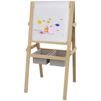 AIYAPLAY Kids Easel with Paper Roll, 3 in 1 Art Easel for Toddlers, Double-Sided Kids Whiteboard Blackboard with Storage Baskets for Ages 3-6 Years - Natural Wood Finish(m-11)