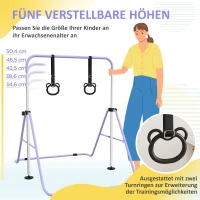 HOMCOM Kinder-Turnbarren mit Ringen, höhenverstellbar, klappbar, rutschfest, Stahlrahmen, 148x105x88-128 cm, Pink(m-4)