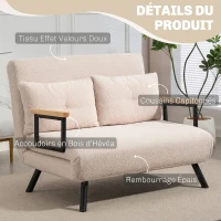 HOMCOM Canapé convertible 2 places 4 en 1, canapé-lit avec dossier réglable sur 5 niveaux, 2 coussins, 102 x 73 x 81 cm, beige(m-7)