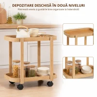HOMCOM Cărucior de bucătărie din bambus 2 niveluri Cărucior auxiliar pentru bucătărie cu roți 2 rafturi 54x36,5x60 cm Natural(m-4)