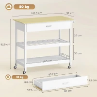 HOMCOM Küchenwagen mit Stauraum, Rollende Kücheninsel mit großer Arbeitsplatte, Schublade, 2 offenen Regalen, Handtuchhalter, Weiß(m-3)