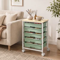 HOMCOM 6-Tier Storage Trolley on Wheels, Metal Kitchen Rolling Cart with 5 Pull-Out Drawers, Green(m-8)