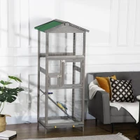 PawHut Cage à oiseaux volière en bois massif grande taille 2 portes toit asphalte tiroir amovible 68 x 63 x 165 cm gris(m-10)