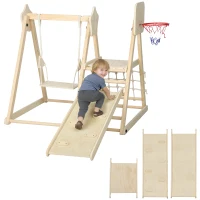 AIYAPLAY 5-in-1 Indoor-Klettergerüst mit Rutsche, Schaukel, Kletternetz, Basketballkorb, klappbar, 3-6 Jahre, Naturholz(m-12)