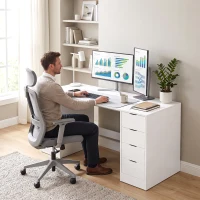 HOMCOM Birou 140 cm cu 8 sertare, masă de birou modernă cu spațiu de depozitare, aspect lemn alb(m-4)