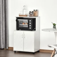 HOMCOM Mobile Cucina Multiuso con Ruote, Armadietto e Ripiano per Microonde, Credenza Alta in Legno Truciolare, 60.4x40.3x97cm Bianco(m-10)
