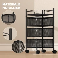 HOMCOM Carrello Cucina a 3 Livelli con Cestini in Metallo Girevoli, Ruote e Freno, 27.5x27.5x62 cm, Nero(m-7)