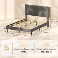 HOMCOM Cadre de Lit 140 x 190 cm avec Sommier et Tête Réglable, Lit Double Rembourré en Lin, Rangement au-dessous, Gris(m-3)