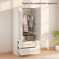 HOMCOM Armoire chambre penderie avec miroir, 2 tiroirs, 2 portes et barre de suspension, 80 x 50 x 180 cm, blanc(m-4)