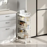 HOMCOM Chariot de rangement à 4 niveaux, desserte à roulettes, 3 paniers coulissants, panier supérieur 19 x 43,2 x 80 cm blanc(m-11)