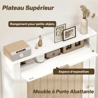 HOMCOM Cache-Radiateur avec Placard Rabattable et Porte en Rotin, Couvercle de Radiateur en Bois avec Compartiment, Blanc(m-4)