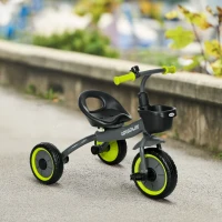 AIYAPLAY Triciclo para Crianças de 2 a 5 anos com Assento Ajustável Cesta Buzina e Pedais e 3 Rodas 70,5x53x58 cm Cinza e Verde(m-10)