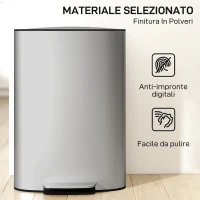HOMCOM Pattumiera a Pedale da 50L con Coperchio Ammortizzato, Apertura a 90° e Secchio Rimovibile, Acciaio Inox, Grigio(m-6)