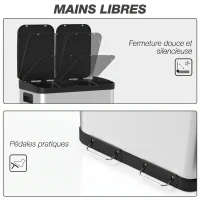 HOMCOM Poubelle de cuisine à double compartiment 2 x 30L avec pédale en acier inoxydable, couvercle à fermeture douce, argent(m-6)