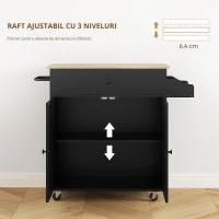 HOMCOM Insulă de Bucătărie cu Ala Rabatabilă 2 Uși Sertar Suport pentru Condimente Bară de Agățat Șervețel și Raft Reglabil 106x42x87 cm Negru și Stejar(m-6)