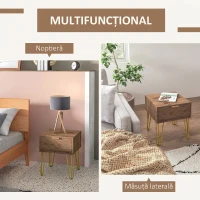HOMCOM Noptiere Moderne Set 2 Piese din Plăci Aglomerate și Oțel cu Sertar, 39.5x41x49 cm, Maro(m-4)