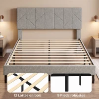 HOMCOM Cadre de Lit 140 x 190 cm avec Sommier et Tête Réglable, Lit Double Rembourré en Lin, Rangement au-dessous, Gris(m-6)