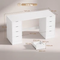 HOMCOM Birou 140 cm cu 8 sertare, masă de birou modernă cu spațiu de depozitare, aspect lemn alb(m-3)