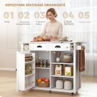 HOMCOM Insulă de Bucătărie cu Roți Blat Rabatabil Suport Condimente Suport Prosoape Dulap 2 Sertare 117,5x70x91 cm Alb(m-6)