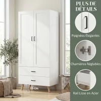 HOMCOM Armoire chambre penderie 2 portes à fermeture douce, 2 tiroirs et barre de suspension, 80x54x180cm, blanc(m-6)