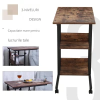 HOMCOM Masă auxiliară cu role, reglabilă pe înălțime, compactă, 2 rafturi, cadru metalic, 80x40x72-82 cm, Maro/Negru(m-6)