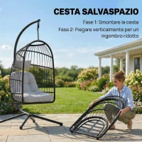 Outsunny Sedia a Uovo Sospesa con Supporto e Cinghia di Sicurezza, 105x101x196 cm, Nero e Grigio Chiaro(m-5)
