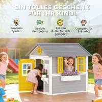 Outsunny Spielhaus Wetterfestes Kinderspielhaus aus Holz mit Tür 6 Fenster 2 Blumenkästen 2 Blumenständern für 3-8 Jahre Grau(m-6)