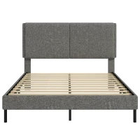 HOMCOM Cadre de Lit 140 x 190 cm avec Sommier et Tête Réglable, Lit Double Rembourré en Lin, Rangement au-dessous, Gris(m-1)