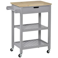 HOMCOM Kitchen Trolley Utility Cart on Wheels with Rubberwood Worktop, Towel Rack, Storage Shelves & Drawer for Dining Room, Grey(m-1)
