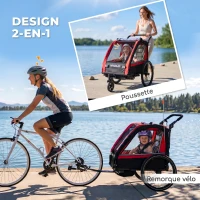 AIYAPLAY Remorque vélo enfant 2 en 1, poussette vélo bébé 2 places, guidon réglable, frein à main, ceinture de sécurité, rouge(m-4)